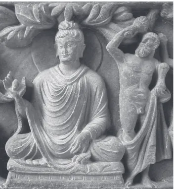 Figure  5  : The divinity Vajrapani (on the right), protector of the Buddha, depicted as the Hellenic Hercules in a  2 nd century Greco- Greco-Buddhist bas-relief from Gandhara, British Museum.