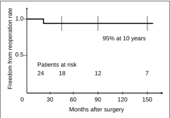 Fig. 1  Actuarial  freedom  from  reoperation  curve  (Kaplan-Meier  method). Vertical bars enclose a 95% confidence interval.