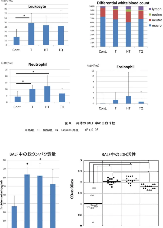 図 8.  母体の BALF 中の白血球数  T：未処理，HT：熱処理，TQ：Taquann 処理，   *P＜0.05