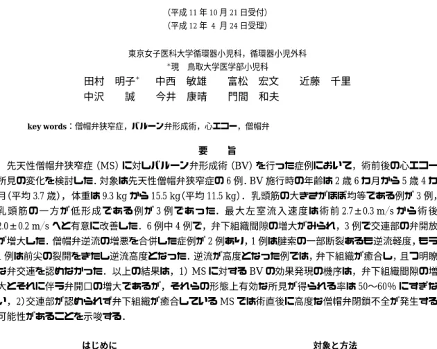 表 1 症例の概要 僧帽弁狭窄 合併奇形体重（kg） の型カテ時年齢（年）症例 ASYMM9.32.51．Y. K. PDAASYMM133.82．I. D. SYMM13.54.33．F. R