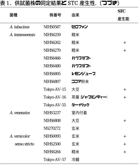 表 1 ．供試菌株の同定結果と STC 産生性 . （つづき） 菌種  株番号  由来  STC    産生能      A. tabacinus  NIHS0587  セロファン  –  A