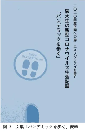 図  2  文集「パンデミックを歩く」表紙  4.  文集「パンデミックを歩く」の内容分析  本文集に寄せられたオートエスノグラフィの内容は多岐にわたる。具体 例を挙げれば、 「新たな生活様式への適合」 「トイレットペーパーの買い占め」 「自粛生活中の疎外感」 「芸人とファンの関係」 「インターハイの中止」 「大 学における学びとは何か」「マスク着用によるディスコミュニケーション」 「自粛生活中において着飾ることの意味」「 SNS の使い方」などがあった。 その中でも大まかな傾向をつかむために、分析ソフトで