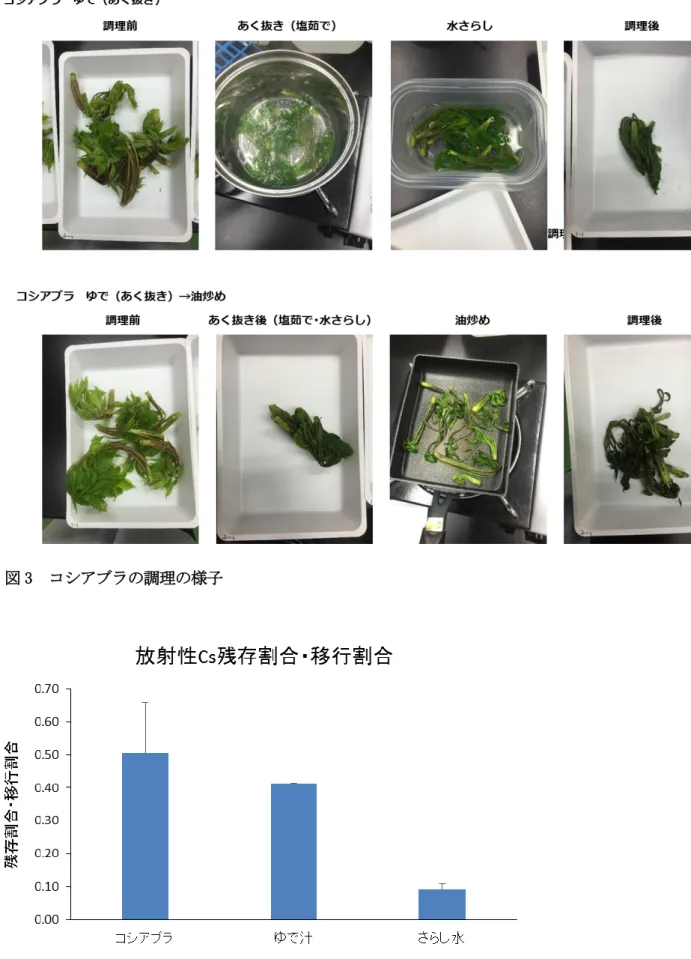 図 4  コシアブラ、ゆで汁およびさらし水における放射性セシウムの残存割合および移行割合 
