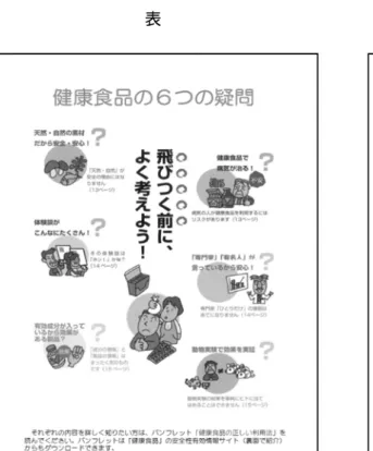 図 7.  高齢者をターゲットとした試作版リーフレットおよびクリアファイル  図 8.  高齢者をターゲットとした試作版リーフレットおよびクリアファイルの記載内容の印象 【アドバイザリースタッフ】【一般消費者】0%20%40%60%80%100%そう思うどちらでもないそう思わない0%20%40%60%80%100%そう思うどちらでもない そう思わない表 裏 