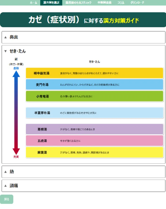 図 3  「漢方薬を選ぶ」→「カゼ（症状別）」→「せき・たん」   