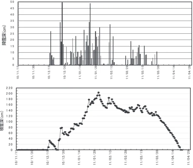 Fig. 1  Temporal variations of daily snowfall (upper ﬁg) and snow depth (lower ﬁg) at Shinjo in the 2010/11 winter.