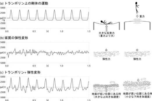 Fig. 6 (a) Motion of the mass on trampoline (b) Deformation of the elastic media (c) Summation of the trampoline  motion and elastic deformation