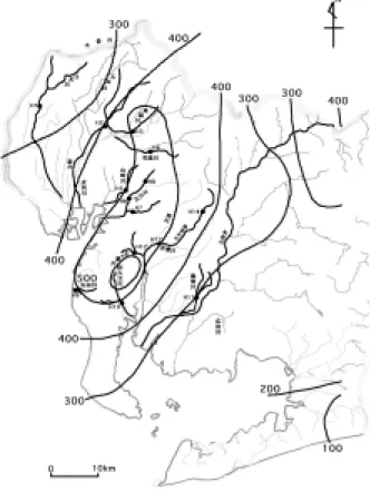 Fig. 4 Distribution of the total rainfall amount from Sep.11 to Sep.12, 2000 over the Tokai Heavy Rainfall area.