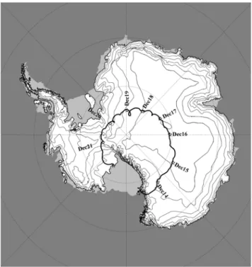 図 3  BESS-Polar 航跡図  そのため赤道上空の静止衛星である TDRSS の視野から 気球が外れてしまい、地上との交信が不安定になり、時に は半日にわたってペイロードの状態をほとんどモニタがで きなくなるなど、想定を超えた苦労があった。 8 日間をす ぎた段階で、気球の軌道が南緯 82～83 度まで下がり、回収 に適切なロス棚氷への着地が可能となったため、安全かつ 確実な回収を優先して科学観測を終了した。通常の気球運 用ではペイロード切離し前に着地点付近に航空機を派遣し、 航空機からの無線コマ