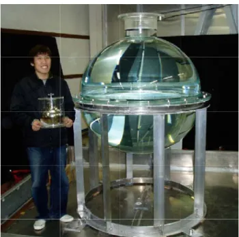 図 22  プロトタイプ検出器用アクリル容器と PMT 容器  13.   まとめ 最後のニュートリノ混合角 θ 13 の大きさは、素粒子の統一 理論を構築する際の手掛りを与える可能性があると共に、 将来の CP violation  δ の測定の方向性を決定するので、そ の測定は重要である。KASKA では、世界最大の原子力発 電所である柏崎刈羽原子力発電所が発生する ν e を利用し て、 sin 2θ2 13 を 0.02 まで直接測定する。さらに、KASKA のデータと J-PARC のデータと組み