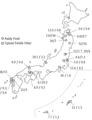 Fig. 3 Global  fallout  99 Tc  concentrations  (mBq/kg- (mBq/kg-dry) in Japanese soils.