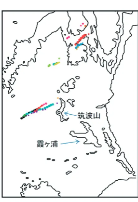 図 3　2012 年 5 月 6 日の茨城・栃木の竜巻の事例につ いて，  初期値に観測誤差程度のばらつきを与えた 12 通 りの予報計算を行うアンサンブル予報で得られた竜巻  （鉛直渦度が 0.6 s ⊖1 以上の領域） の位置．色の違いは， 12 通りのそれぞれの結果に対応している  （気象研究所  瀬古 弘氏提供）．