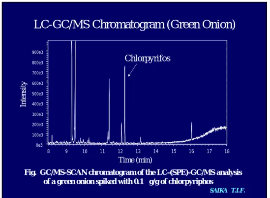 Fig.  GC/MS-SCAN chromatogram of the LC-(SPE)-GC/MS analysis  of a green onion spiked with 0.1 µg/g of chlorpyriphos