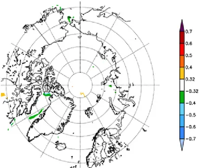 図 3  SIGMA-A アイスコアの d-excess の年平均値と北極域における 海氷密接度の年平均値の相関係数（｜ r ｜ &gt; 0.32 ， P &lt; 0.05 ）． 安定同位体比の時間変化を測定し，高い d-excess を示した水蒸気は開水面からの比較的激し い蒸発によってもたらされたものだと考察している．相関係数が負になった原因は海氷密接 度が小さい場合，比較的激しい蒸発が生じる開水面の面積が多くなり，高い d-excess を持つ 水蒸気が SIGMA-A に輸送され，降雪としてもた