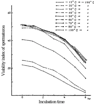 Fig IV-7  Changes  of  the  viability  of  spermatozoa after  thawing  in  the  semen  which  was frozen  rapidly  to  -196℃ from  various temperatures. (n=6). (Sasaki, 1987)Note; a, b, c: There is a signiticant difference between different character.
