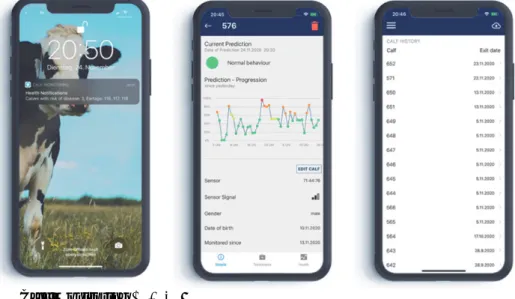 図 8-4 Calf Monitoring アプリ Calf Monitoring アプリでは、アルゴリズムの現在の予測と以前のすべての予測を 1 時 間ごとに表示できる（図 8-4 ）。センサー情報から各時点での異常値を予測した後、そ の一連の進行状況から本当に異常かどうかを全体的に見渡して評価することで、子牛を より綿密かつ可能な限り早期に観察し、必要に応じて治療したり、直接治療措置を開始 したりすることができる。子牛モニタリングシステムは、子牛の動物モニタリングをサ ポートする。子牛モニタリングアプリ