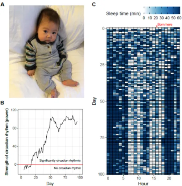 図 1  息子の生後 100 日間にわたる睡眠リズム解析。何事もなく元 気に育ってくれて本当に助かった。 