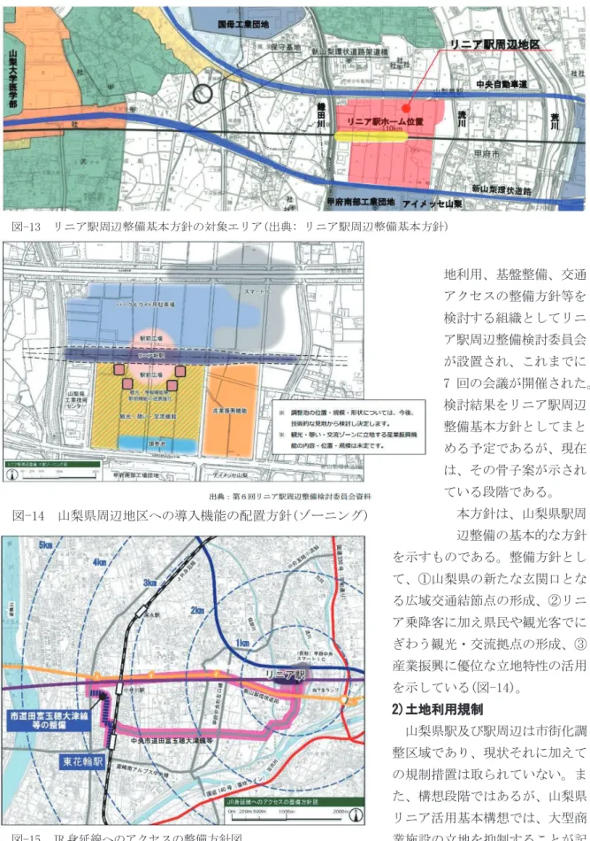 図 リニア駅周辺整備基本方針の対象エリア出典リニア駅周辺整備基本方針 図 山梨県周辺地区への導入機能の配置方針ゾーニング 図 -5 身延線へのアクセスの整備方針図 出典リニア駅周辺整備基本方針  地利用、基盤整備、交通アクセスの整備方針等を検討する組織としてリニア駅周辺整備検討委員会が設置され、これまでに 回の会議が開催された。検討結果をリニア駅周辺整備基本方針としてまとめる予定であるが、現在は、その骨子案が示されている段階である。 本方針は、山梨県駅周   辺整備の基本的な方針を示すものである。整備方針と