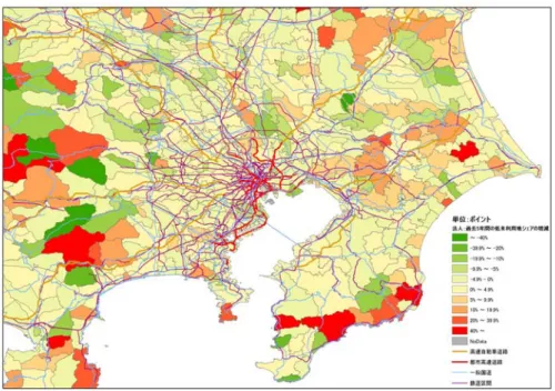 図  東京都及びその周辺部における市区町村別低・未利用地面積割合の推移（平成１０年→平成１５年）  （世帯）  世帯が所有する現住居の敷地以外の宅地などに占める 「低・未利用地」 （ 「屋外駐車場」 、 「資材置場」 、 「利用し ていない（空き地・原野など） 」 ）面積の割合推移を都道 府県別にみると、平成１０年から平成１５年にかけて、大 幅に減少しているのは、秋田県（△４３．２ポイント） 、北 海道（△２７．８ポイント） 、佐賀県（△２７．６ポイント）などである。主に「利用していない（空き地・原野など）