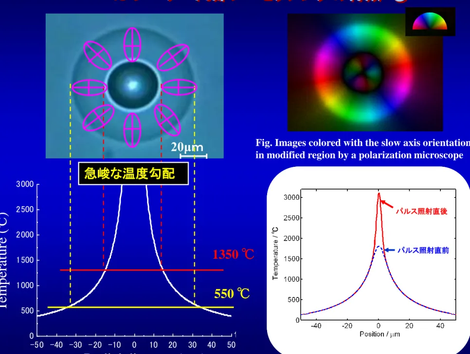 Fig. Images colored with the slow axis orientation  in modified region by a polarization microscope 