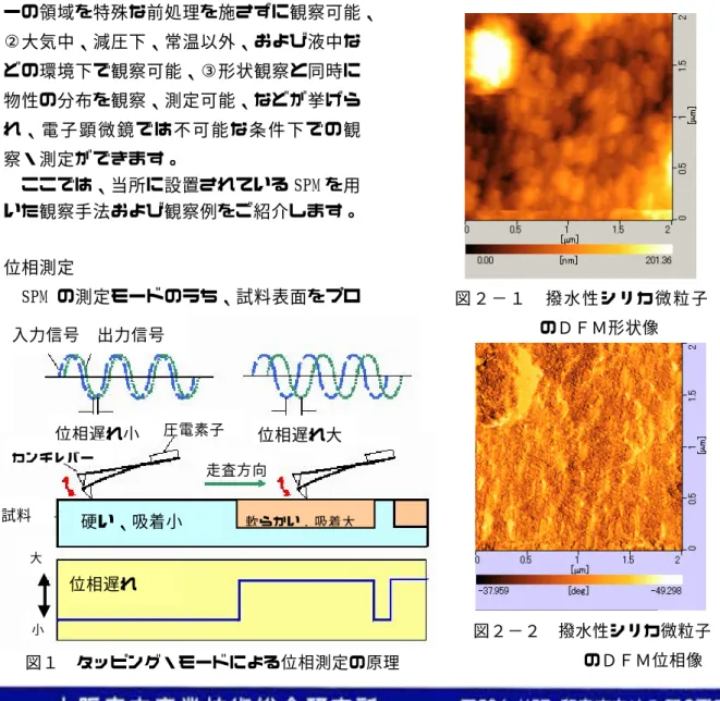 図 ２ − １   撥 水 性 シ リ カ 微 粒 子 のＤＦＭ形状像  図２−２  撥水性シリカ微粒子 のＤＦＭ位相像  図１  タッピング・モードによる位相測定の原理入力信号  出力信号 位相遅れ 硬い、吸着小 軟らかい、吸着大試料 走査方向 カンチレバー大 位相遅れ小 圧電素子位相遅れ大小  キーワード：走査型プローブ顕微鏡、表面物性、高分子材料、位相測定、横振動摩擦力顕微鏡概要   走 査 型 プ ロ ー ブ 顕 微 鏡 （ Scanning  Probe Microscopy；SPM）は、試料表面