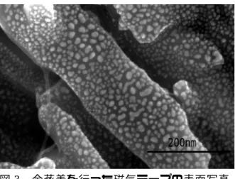 図 2  付箋の表面写真  (加速電圧：10kV、倍率 200 倍)  上から圧力を加えることで、この球状の粘着 剤が押しつぶされて広がり、粘着層の表面積 が拡大し、貼りつく構造となっていることが わかります。  観察例 2  図 3 に磁気テープの表面に金蒸着を行った試 料の表面観察結果を示します。金とテープで は二次電子放出量が大きく異なるため、テー プの部分は暗く、金粒子は明るく観察されま す。数 nm〜10nm 程度の大きさの金蒸着粒子 とともに粒子間の nm オーダーの隙間がはっ きりと確認できま