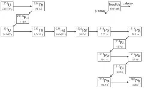 Fig． １ Schematic drawing for 238 U decay series and their half-lives.