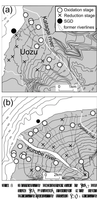 Fig． ７ CH ４ concentration vs. δ 13 C CH4 plot for the sample of SGD (●), groundwater (◆), and riverwater (△).