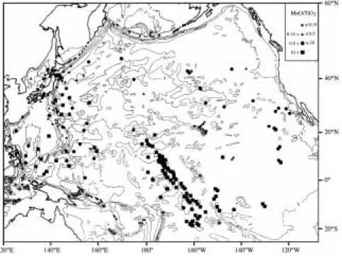 Fig. 4 Distribution of MnO/TiO 2 in surface sediment samples from the Pa- Pa-cific. Depth contours are in thousand of meters.