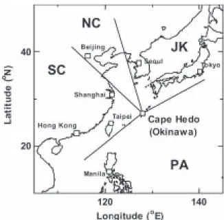 Fig. 1 Regional map showing sampling location (Cape Hedo) in the East China Sea and the source areas of four major air-mass  trajec-toes.
