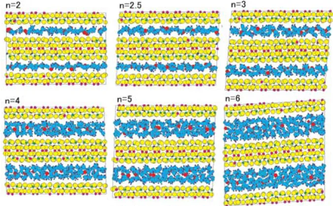 Fig. 10 Strucrural snap shots of MD-derived Na-beidellite hydrates with n＝2 to 6 for Na 1/3 Al 2 (OH) 2 [Si 11/3 Al 1/3 O 10 ]-nH 2 O.