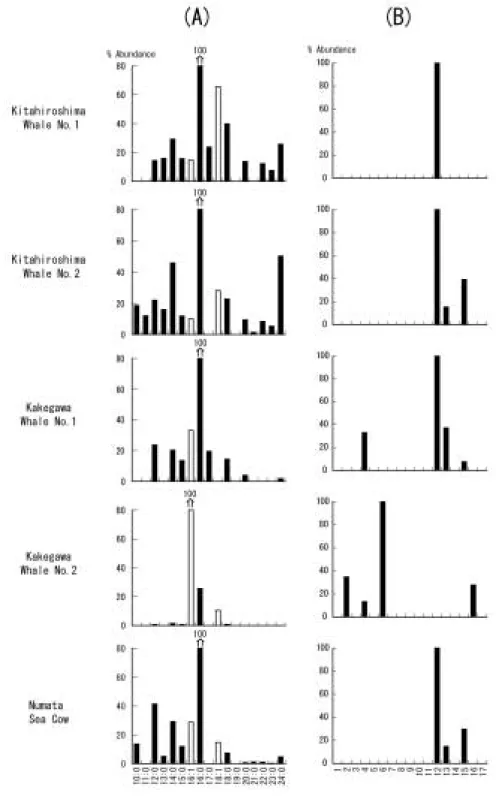Fig. 3 Molecular distributions of fatty acids (A) and steroids (B). x: y in (A): x and y are carbon number and numbers of double bonds in fatty acids.