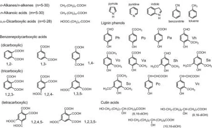 Fig. 2 Organic compounds released by degradation of humic substances in Recent sediments.