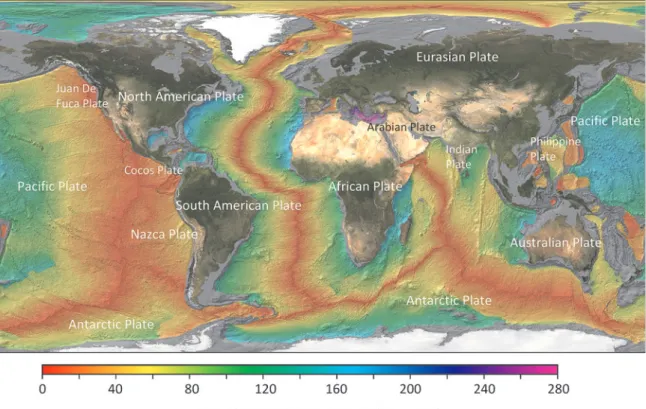 Fig. 2 Age of oceanic lithosphere and present distribution of plate (data from Muller et al., 2008: cour- cour-tesy from E