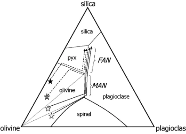 Fig. 6 Lunar magma ocean crystallization paths (schematic) at low pressure plotted onto the olivine-plagioclase-silica pseudoternary phase diagram (projection from high-Ca  py-roxene) of Walker et al