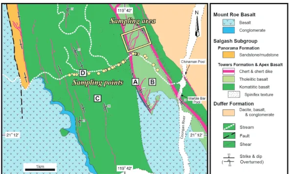 Fig. 9 Geological map of the study area (after Kato and Nakamura, 2003). Sampling area of the studied altered basalts (Nakamura and Kato, 2004) is shown as  yel-low box