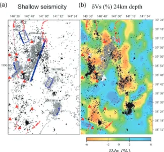 Fig. 5 Comparison of the spatial distribution of shallow seismicity and lower crustal  struc-ture in the focal area of the 2008  Iwate-Miyagi Nairiku earthquake (Okada et al., 2010)
