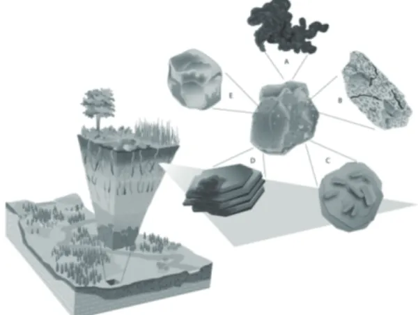 Illustration of “critical zone” and components of soil (Chorover et al., 2007). (A) natural organic matter, (B) nanoporous silicate minerals, (C) mineral–microbe  com-plexes, (D) secondary aluminosilicate clays and their surface organic coatings, and (E) o