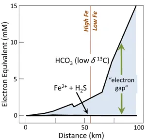 Fig. 1 The “electron gap” is the discrepancy between the record of the number of electrons donated, as reflected by the accumulation of biogenic inorganic carbon in  ground-water along the Middendorf aquifer, and evidence of the number of electrons acccept