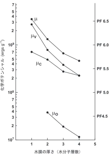 Fig. 7 粘土表面吸着水の化学ポテンシャル．理論値の層数は，