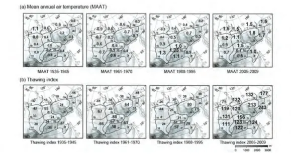 Fig. 4 東シベリアの各領域における期間ごとの (a) 年平均気温（ ◦ C ）と， (b) 融解指数（ ◦ C · day ）の偏 差（ Fedorov et al., 2014b の Table 3 および Table 5 を元に作成）それぞれ長期平均値からの偏差を示す．