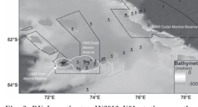 Fig.  2.  R   Investigator  IN2016 01  stations  on  the  central  erguelen Plateau. Mc onald ( est) and Heard (east) islands  lie inside the HIMI Inner Marine Reserve .