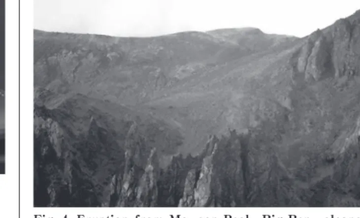 Fig. 4. Eruption from Ma son Pea , Big Ben volcano, Heard  Island.  Note  vapor  emission  from  Ma son  Pea ,  and  lava  flo ing over glacier and generating vapor (left).
