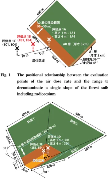 Fig. 1  The  positional  relationship  between  the  evaluation  points  of  the  air  dose  rate  and  the  range  to  decontaminate  a  single  slope  of  the  forest  soils  including radiocesium 