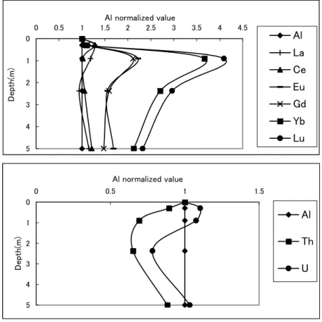 Fig. 8 Variations of Al-normalized values for REE, U, Th etc with depth in Loam (Nezakama, Kanagawa Prefecture)