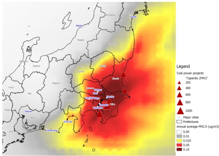Figure 3. Projected increase in annual average PM2.5 concentration due to emissions from the studied coal-fired power plant  projects (μg/m3) 