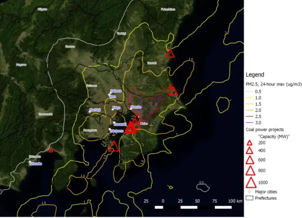 Figure 4. Projected maximum increase in 24-hour average PM2.5 concentration due to emissions from the studied coal-fired power  plant projects (μg/m3) 