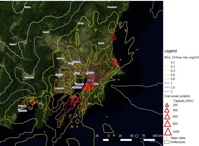 Figure 6. Projected maximum increase in 24-hour average NO2 concentration due to emissions from the studied coal-fired power  plant projects (μg/m3) 