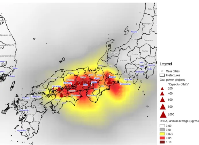Figure 8. Projected increase in annual average PM2.5 concentrations due to emissions from the studied coal-fired power plant  projects (μg/m3) 