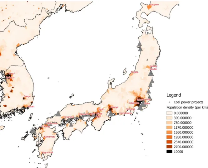 Figure 1. Map of coal power projects and population density 